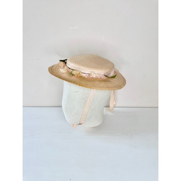 Vintage Pale Peach Pink Staw Faux Floral Grosgrain Ribbon Boater Hat - Picture 2 of 14